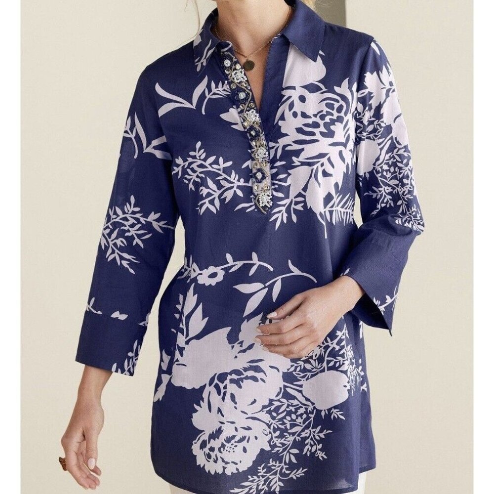 Soft Surroundings Blue White Leaf Print Beaded Tunic Blouse Pockets Size Small